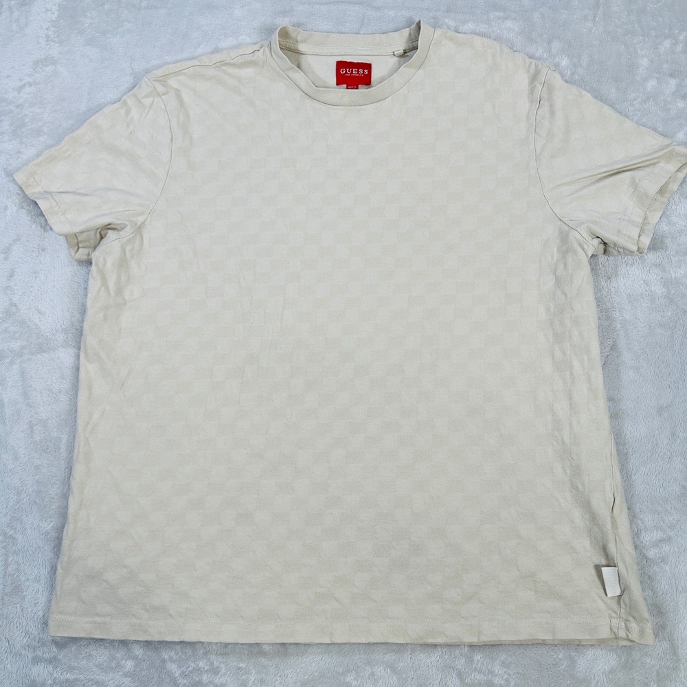 Guess VTG Shirt Mens XL Beige Textured Checkerboard Tan Crewneck Y2K Skater